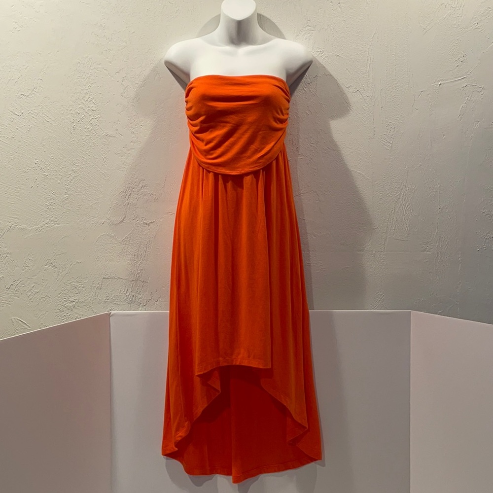 Bright Orange Fun Strapless High Low Dress